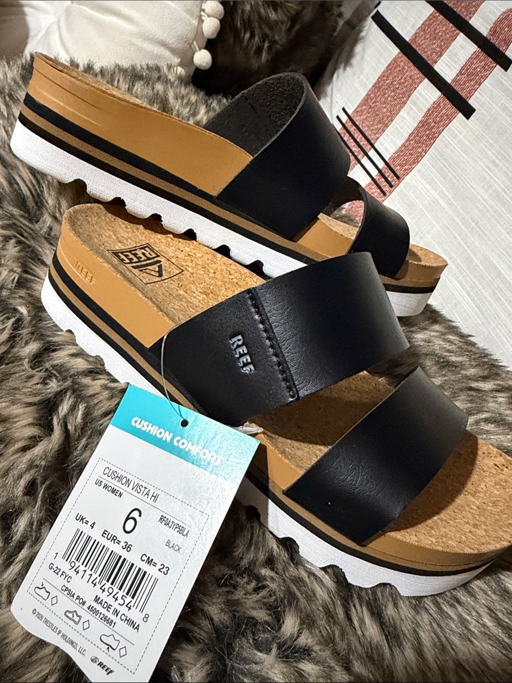 ****New***** Reef Women's Black and Tan Dual-Strap Platform Slide Sandals